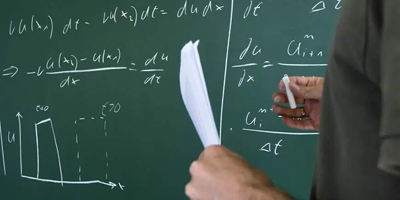 Bild einer mit mathematischen Formeln beschriebenen Tafel und einem Dozenten mit Kreide in der Hand
