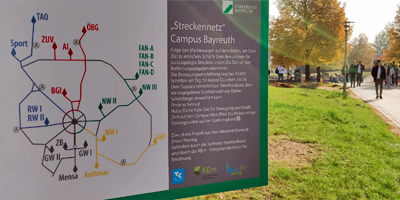 Bild eines Schildes des Streckennetzes am Campus Bayreuth mit einer Übersichtskarte des Geländes